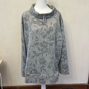 T Talbots gray floral long sleeve front pocket tie neck sweatshirt Size 2X EUC